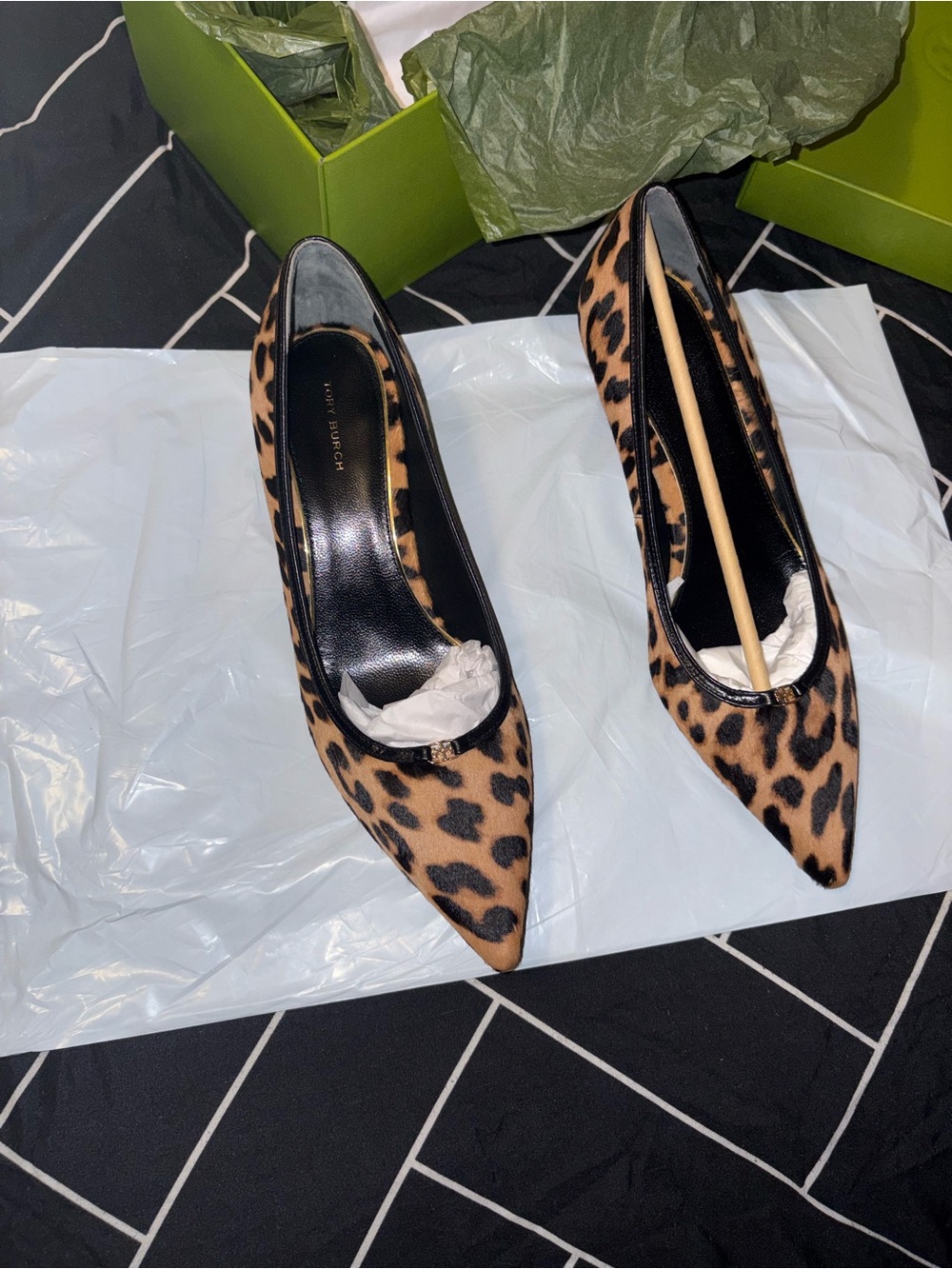 Tory Burch Leopard Pointed Toe Pumps in Tan and Black